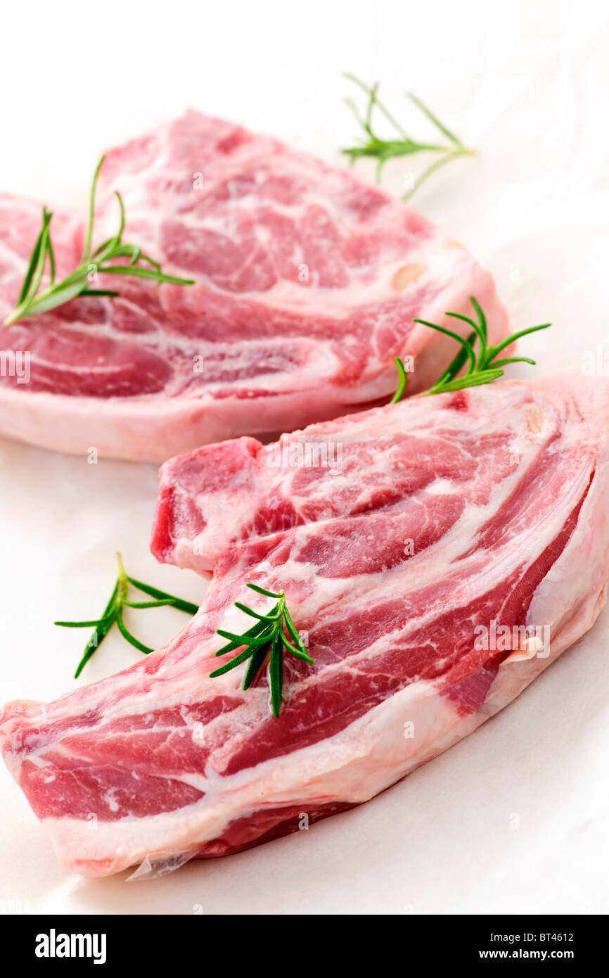 Two raw fresh lamb chops with rosemary herb Stock Photo Alamy