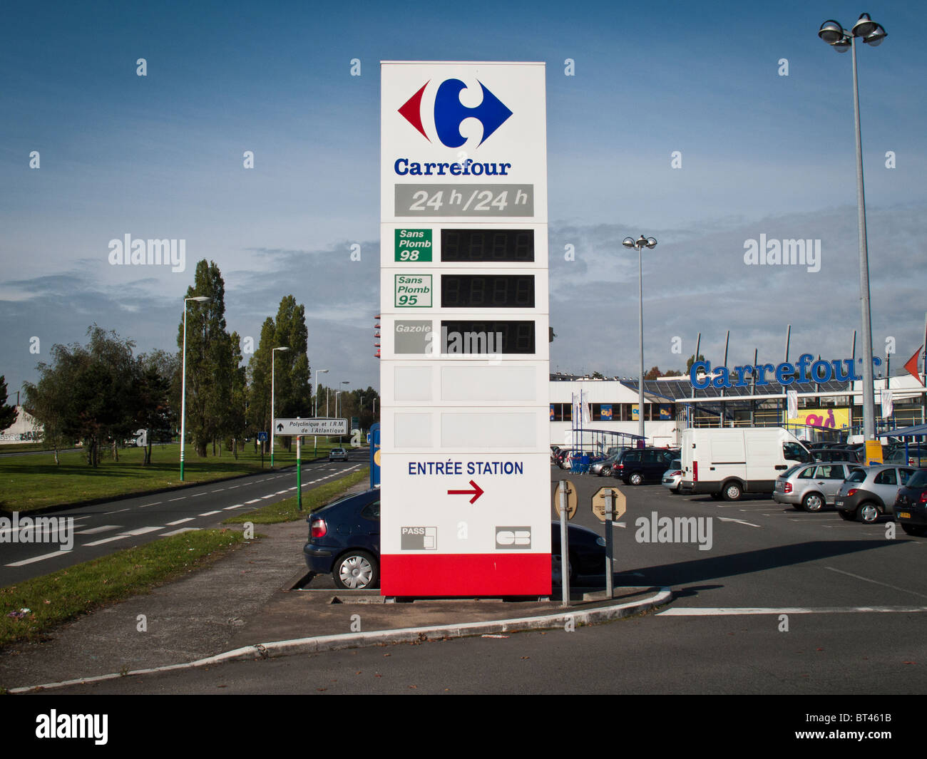 A sign shows no petrol prices at a petrol station at a Carrefour