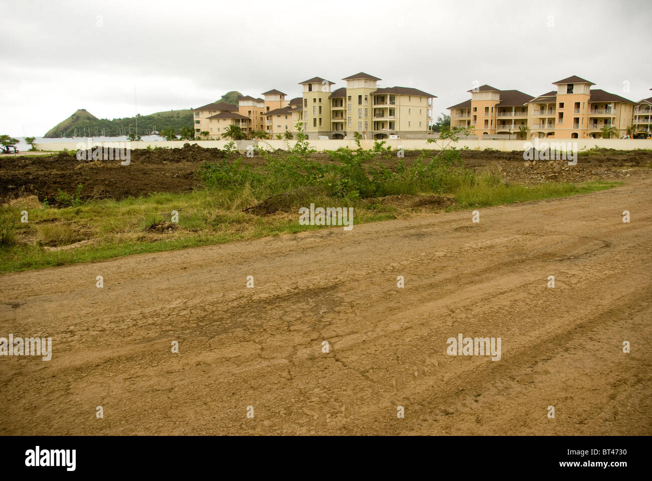 The Landings at Pigeon Point St Lucia under construction November 2008 with Pigeon island in background. A Rock Resorts project. Stock Photo