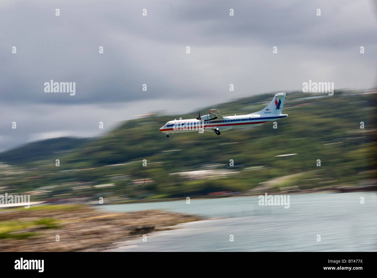 American Eagle aircraft, final approach at Vigie Airport Castries Saint Lucia Stock Photo