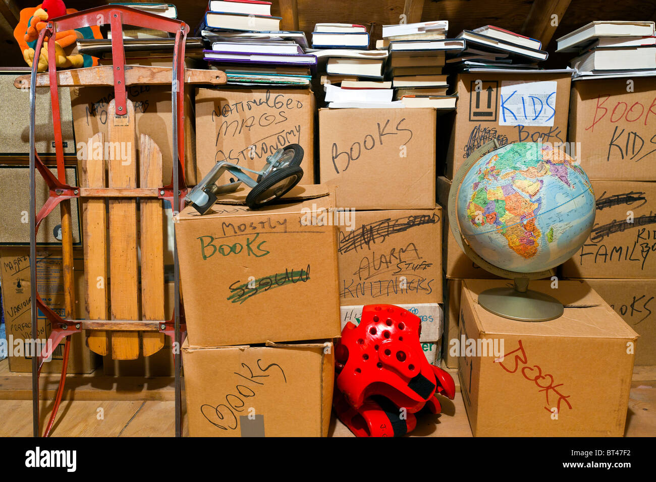 Boxes, Books and other things in Attic Storage Stock Photo Alamy