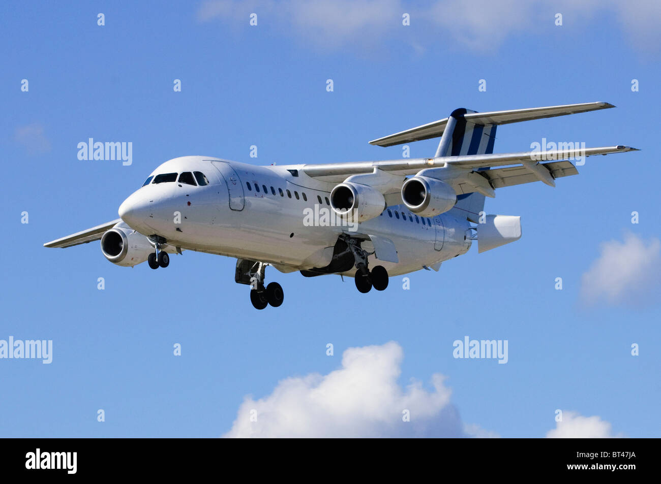 British Aerospace BAe 146-200 operated by BAE Systems on approach for landing at London Farnborough Airport Stock Photo