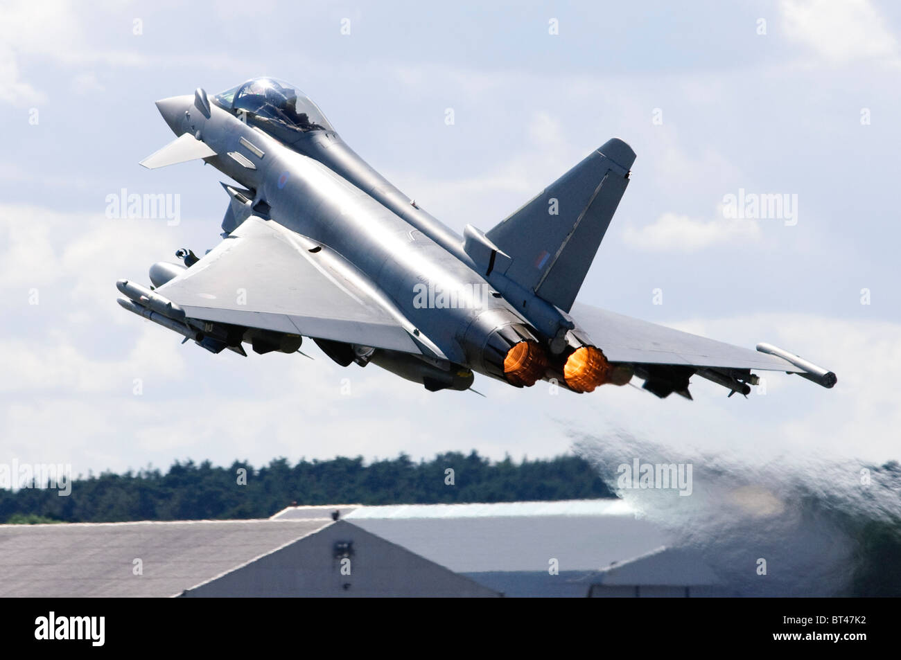 Eurofighter Typhoon F2 operated by the RAF taking off with full afterburner at Farnborough Airshow. Stock Photo