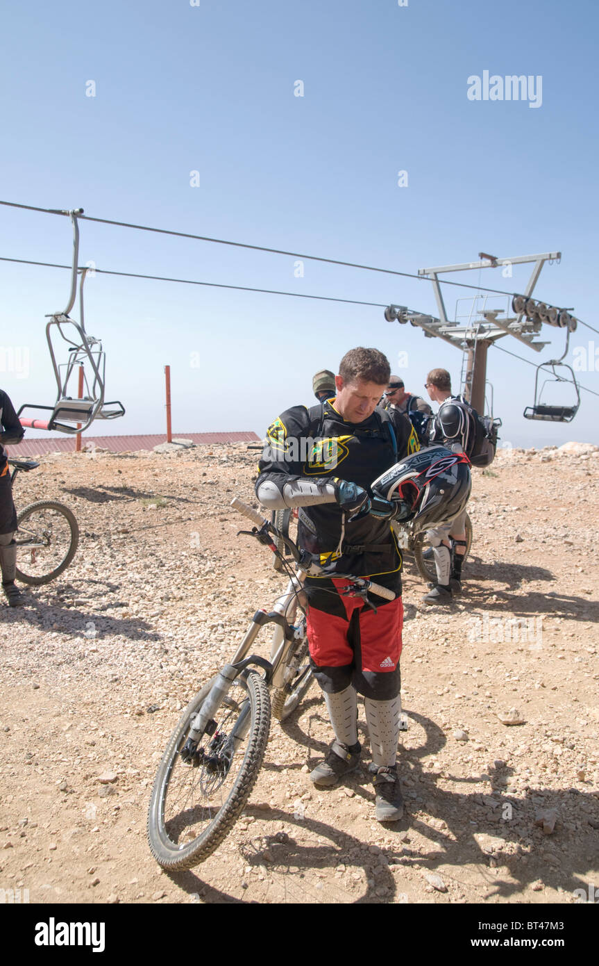 Israel, Golan Heights, Mount Hermon in Summer. The skilift is used to transport downhill bicycle rider to the peak Stock Photo