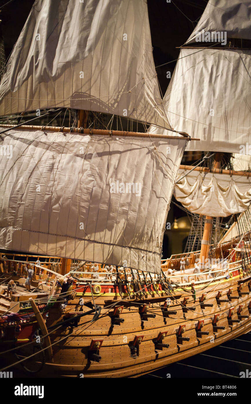 Salvaged 17th century sunk Vasa ship model scaled 1:10 on display at Vasa Museum in Stockholm, Sweden Stock Photo