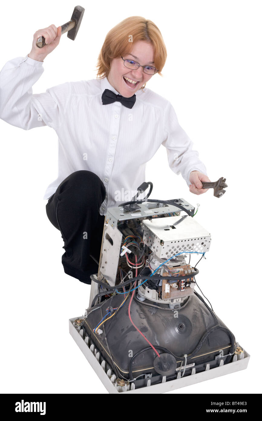 The girl repairing the old electronic equipment Stock Photo Alamy