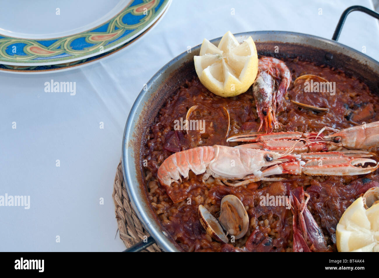 A delicious Seafood Paella in a Paella Pan in a restaurant in Murcia