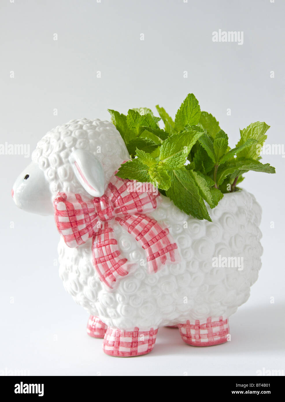 Plant pot in the shape of a lamb with sprigs of mint growing in it Stock Photo