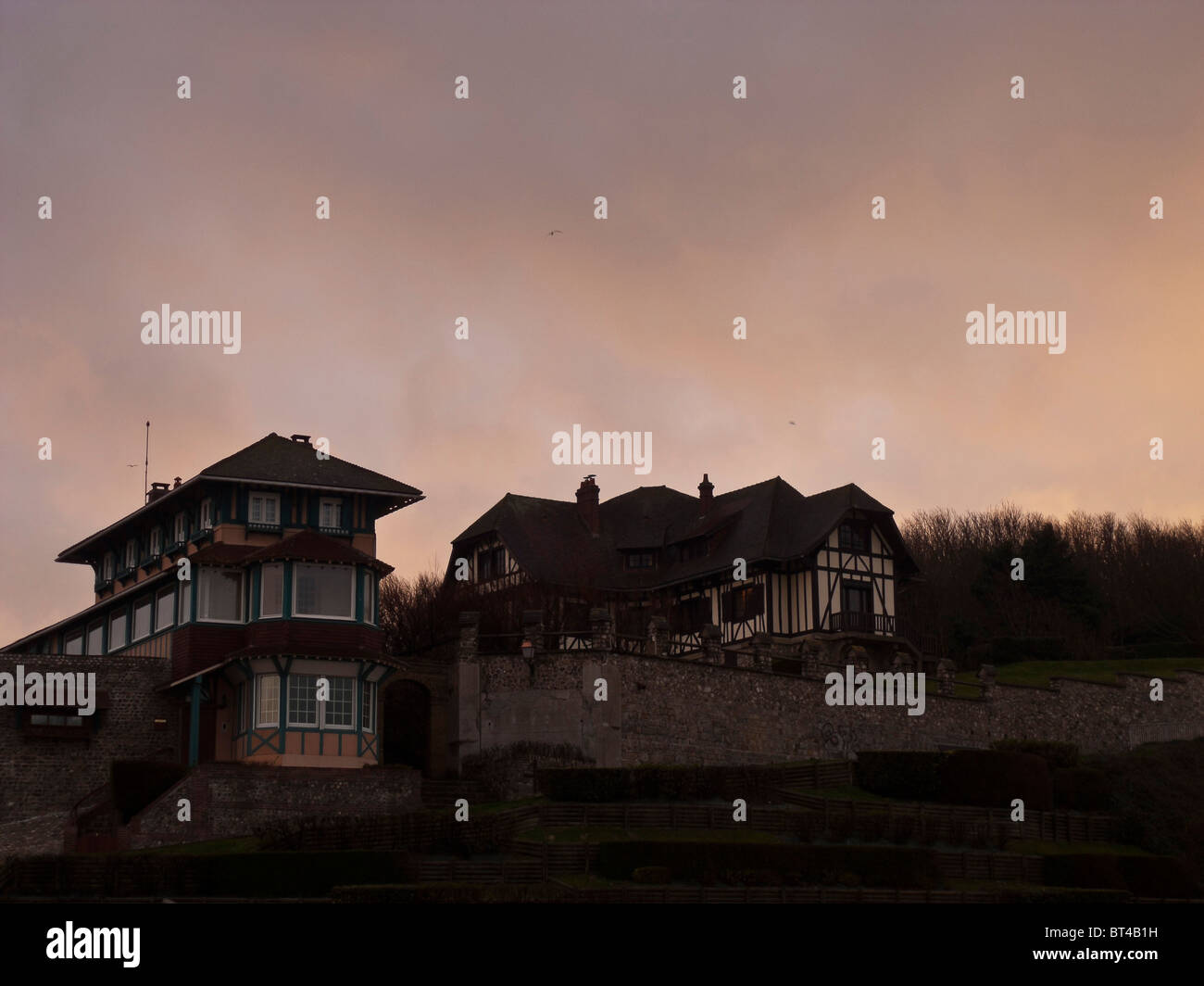 Saint Valery-en-Caux seaside, half-timbered houses at dawn Stock Photo