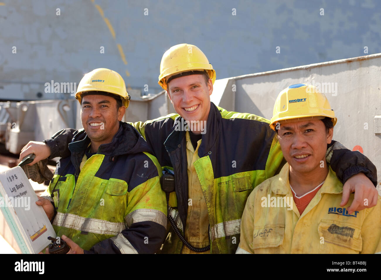 Multi national Crew members of a  cargo ship  visiting port of Montrose Scotland Stock Photo