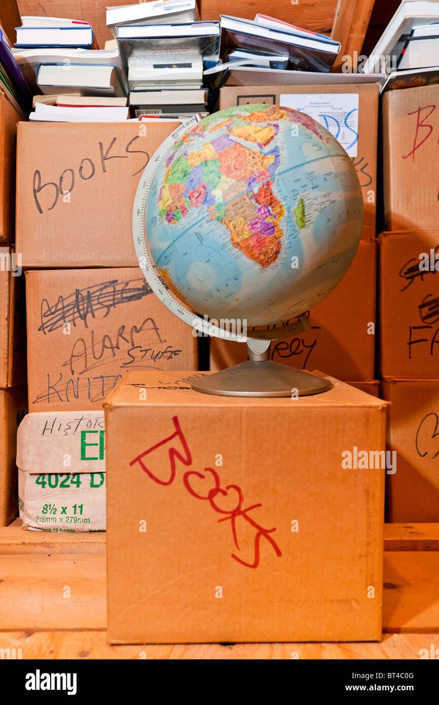 Boxes, Books and other things in Attic Storage. Stock Photo