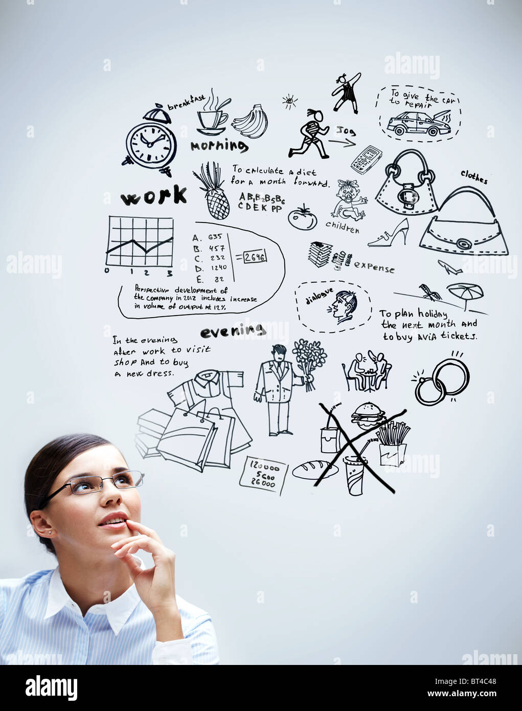 Image of young woman thinking of her plans Stock Photo - Alamy