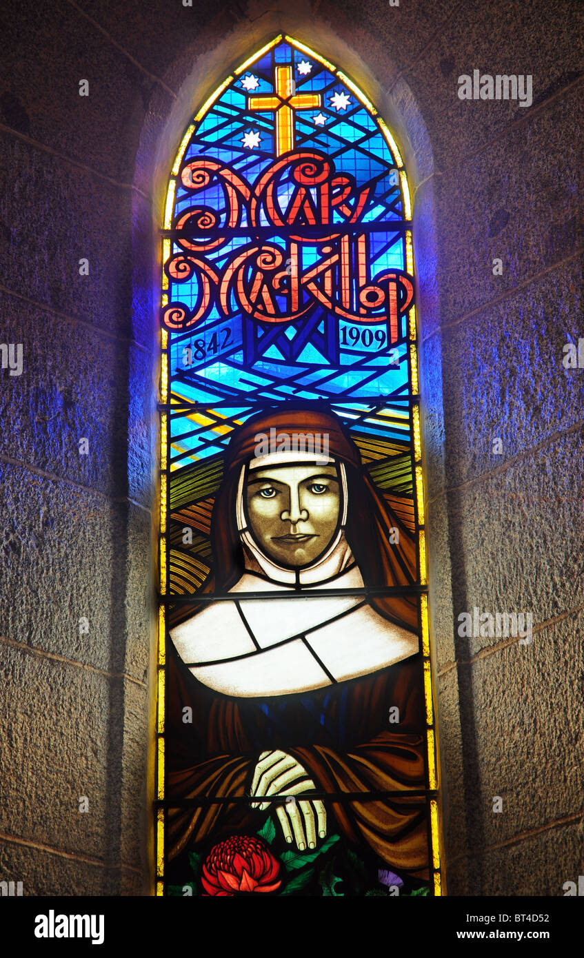 A stained glass window showing Mary McKillop, the australian canonised by Pope Penedict XVI