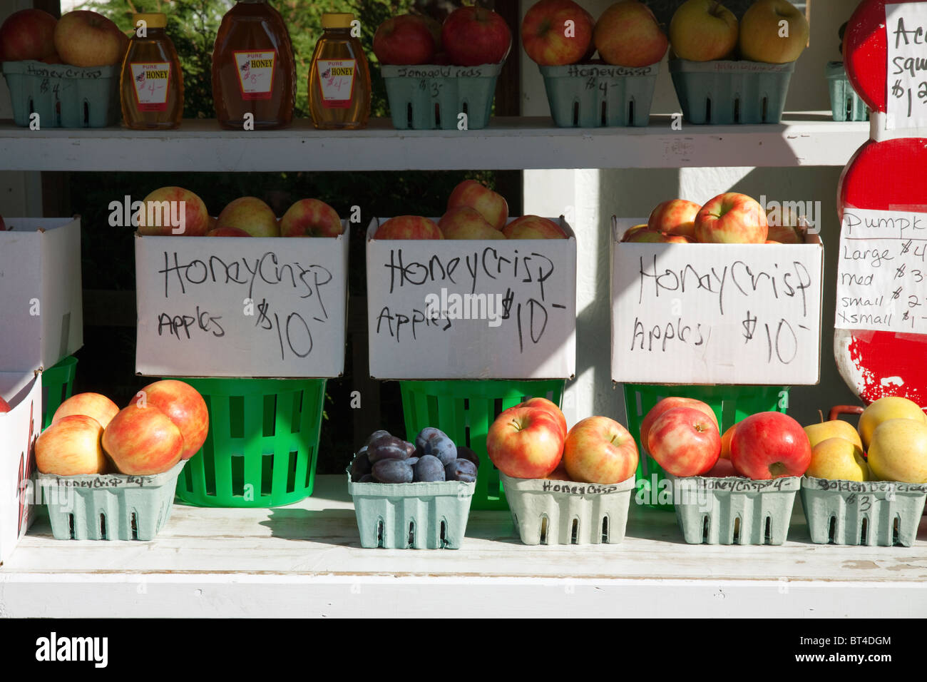 Honeycrisp Apples & other fruit for sale at Roadside Farm stand Michigan USA, by James D