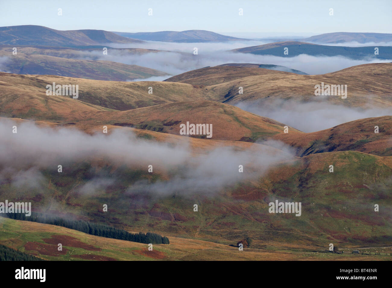 Morning fog in valleys north of Ettrick Pen, Southern Uplands, Scotland Stock Photo