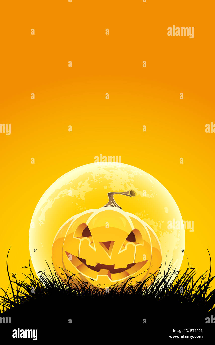 Halloween night background with pumpkin grass and moon Stock Photo - Alamy