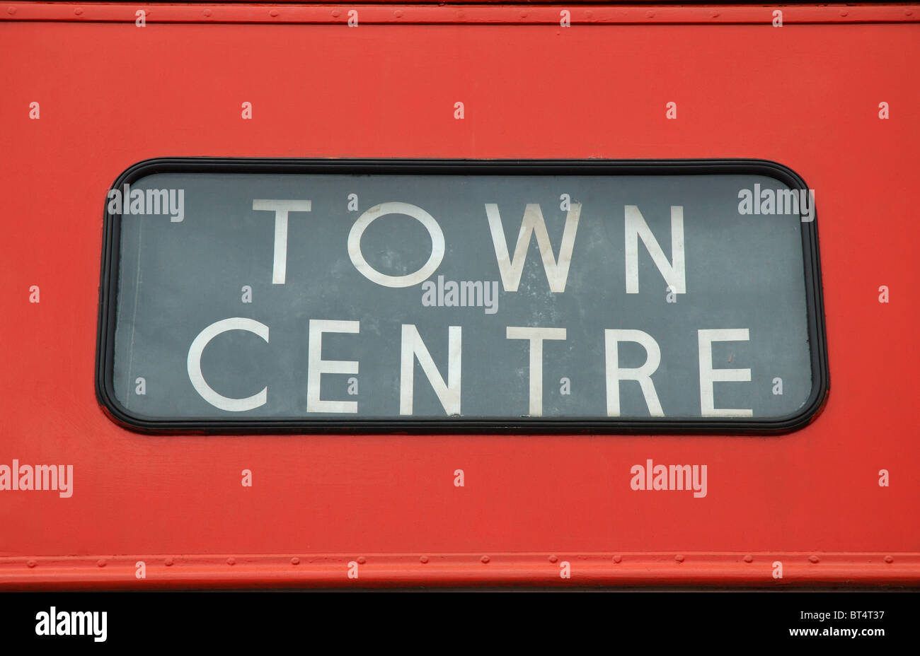 destination blind of vintage bus, Rushden Transport Museum, Rushden, Northamptonshire, England, UK Stock Photo