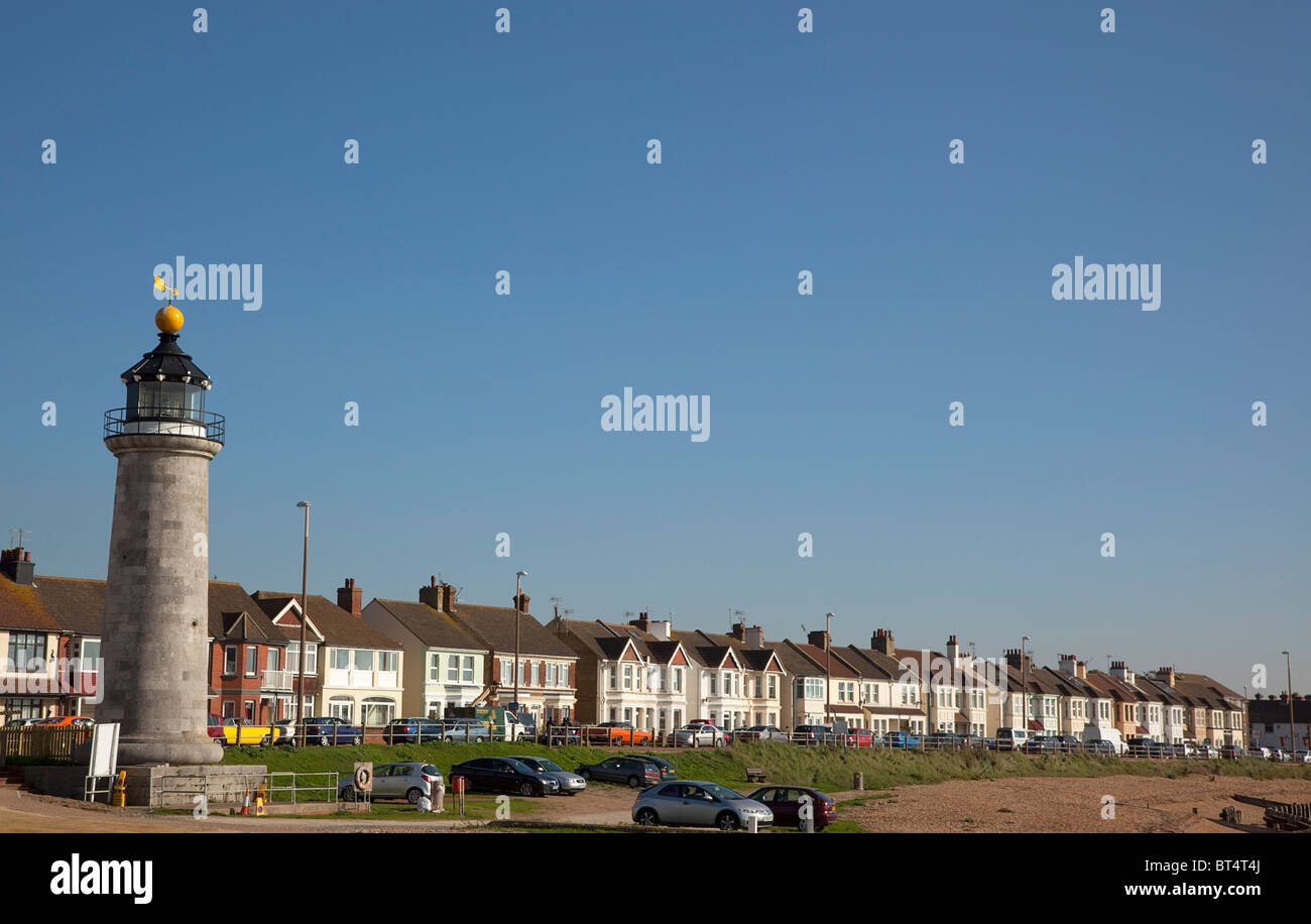 England, West, Sussex, Shoreham-by-Sea, Kingston Beach, Lighthouse and residential housing along Brighton Road. Stock Photo