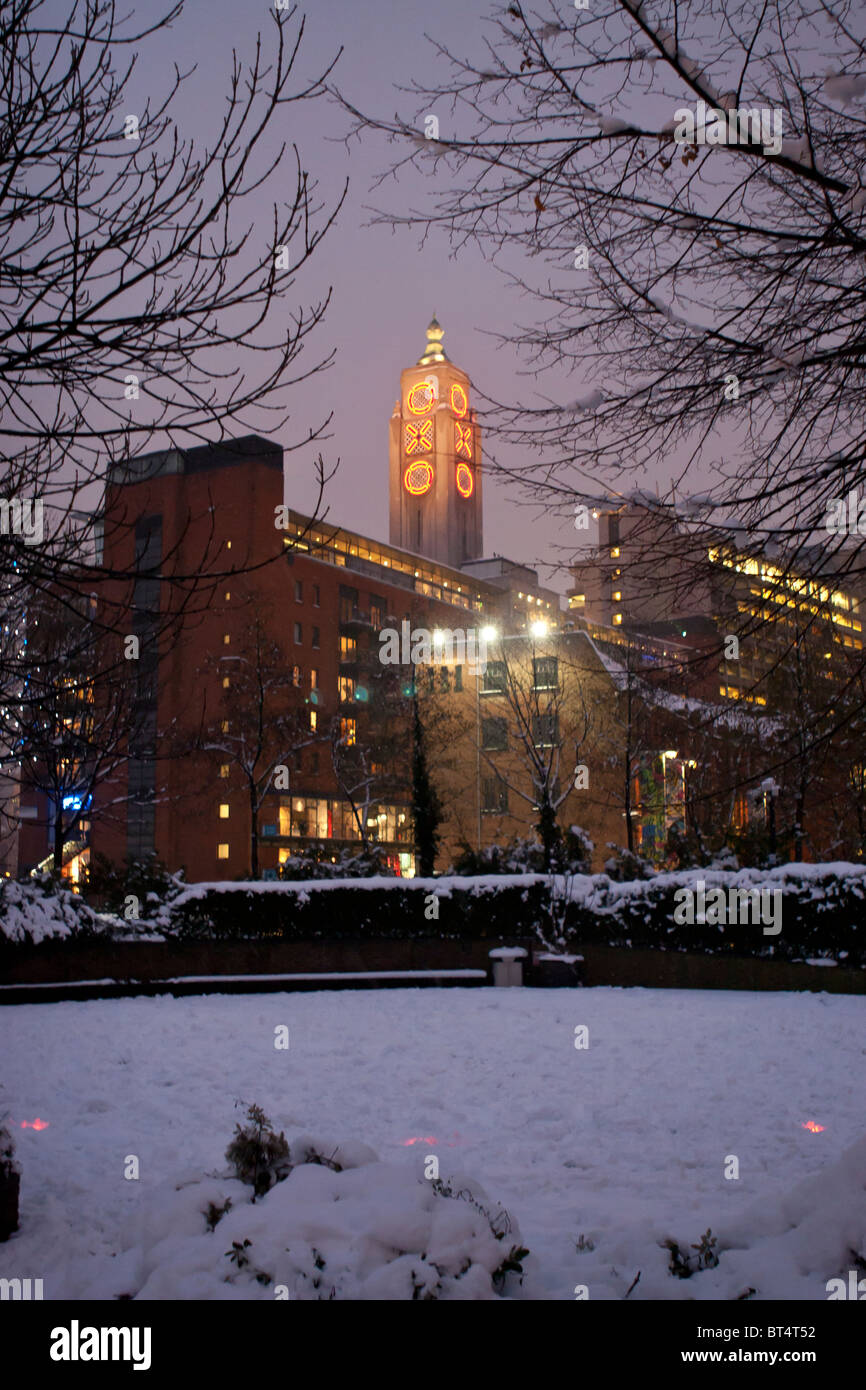 London Oxo Tower at night in the Snow Stock Photo