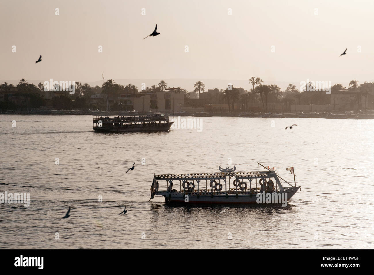 Ferry boats crossing the River Nile at sunset, Luxor, Upper Egypt Africa Stock Photo
