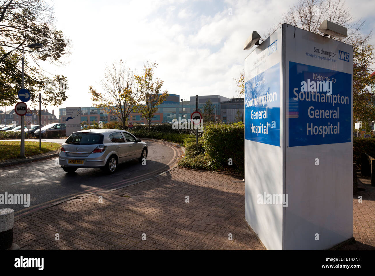 entrance to visitor car park of Southampton General Hospital with sign