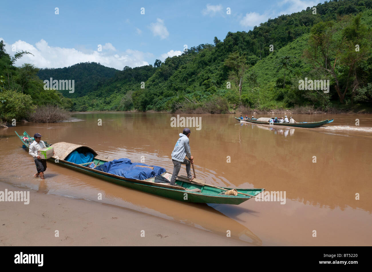 Tail Boat Trip along the Nam Tha River from to Paksa to Na Lae. Northern Laos Stock Photo