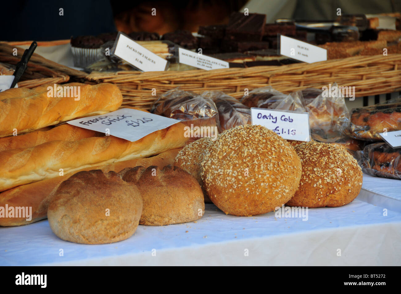Loaves of bread on stall at Deddington Farmers Market, Oxfordshire