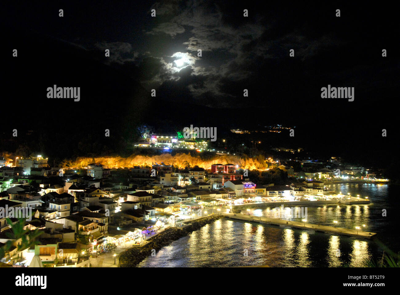 Parga, Epirus, Greece. Night shot of the town taken from Kastro, a restaurant just below the Venetian Castle. Stock Photo