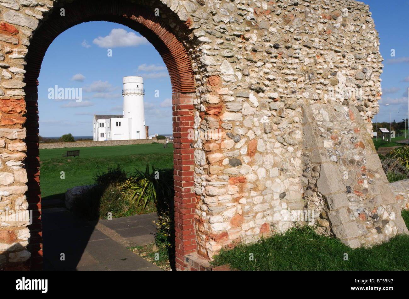 Old Hunstanton lighthouse and the remains of St Edmund's Chapel, Hunstanton, Norfolk, England Stock Photo