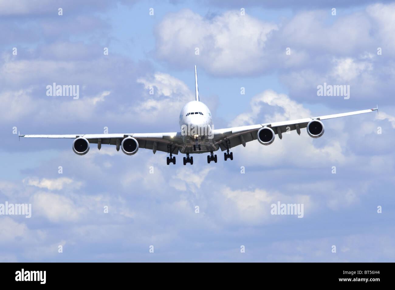 Runway approach by Airbus A380 plane seen head on on finals for landing at Farnborough Airshow, London Farnborough Airport, UK. Stock Photo