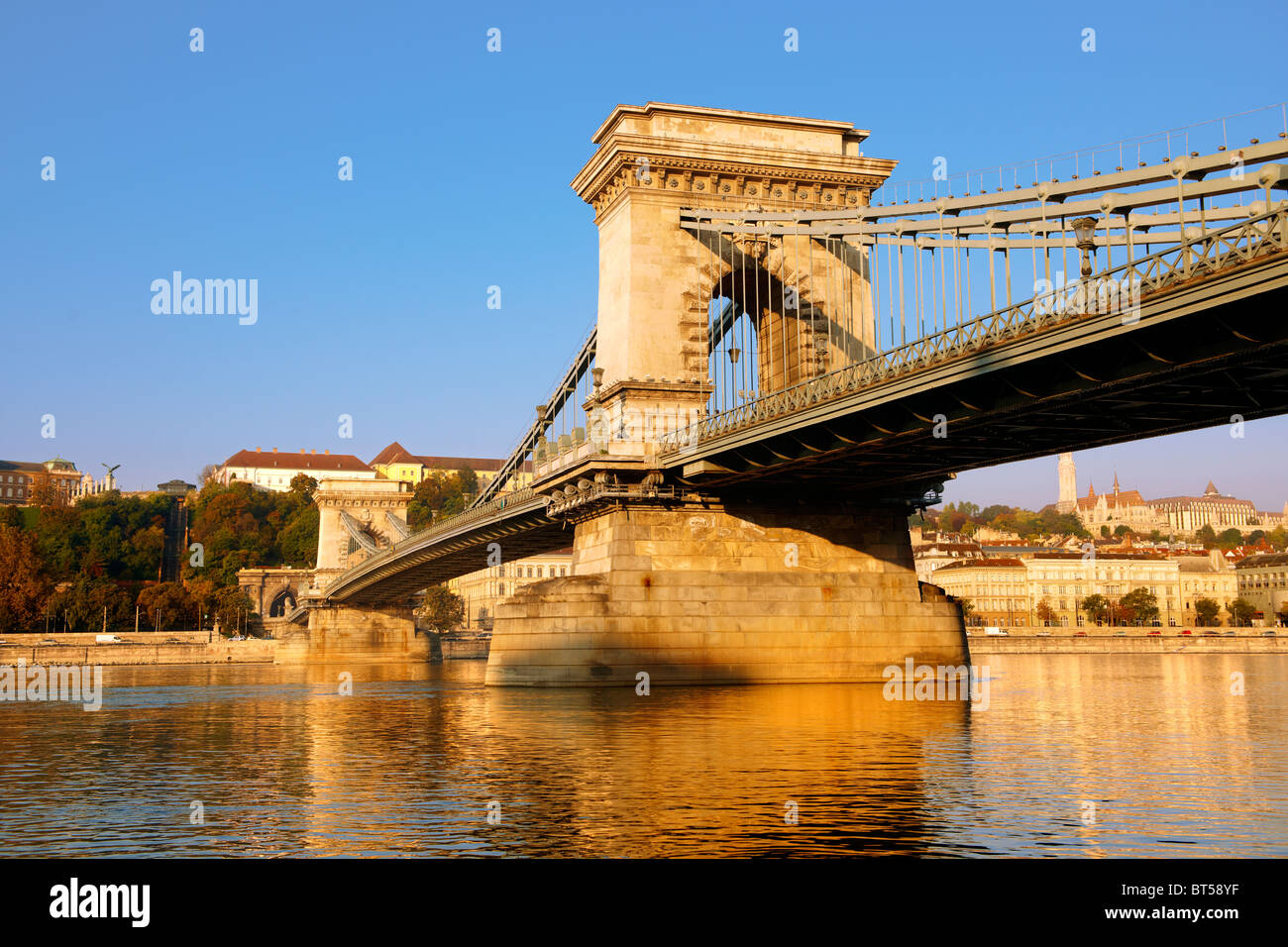 Szecheni Lanchid ( Chain Bridge ). Suspension bridge over the Danube betwen Buda & Pest. Budapest Hungary  Stock Photo