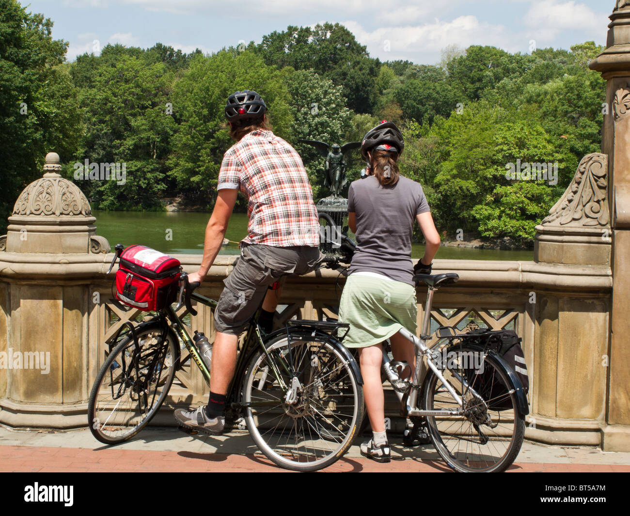 Tourists on Bikes at Bethesda Terrace, Central Park, NYC Stock Photo