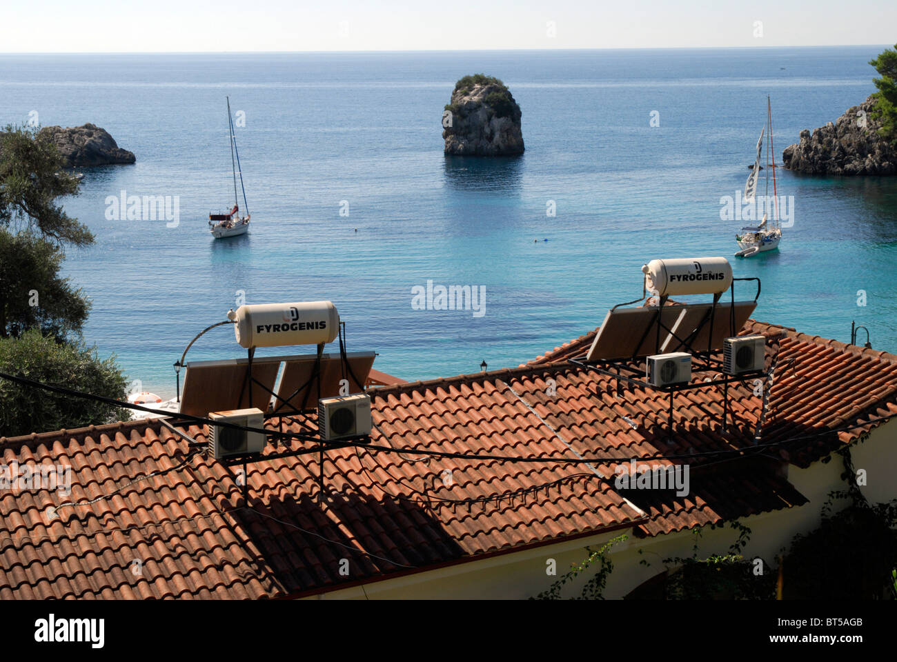 Solar Water Heating Panels on roofs in Parga Epirus Greece. Stock Photo