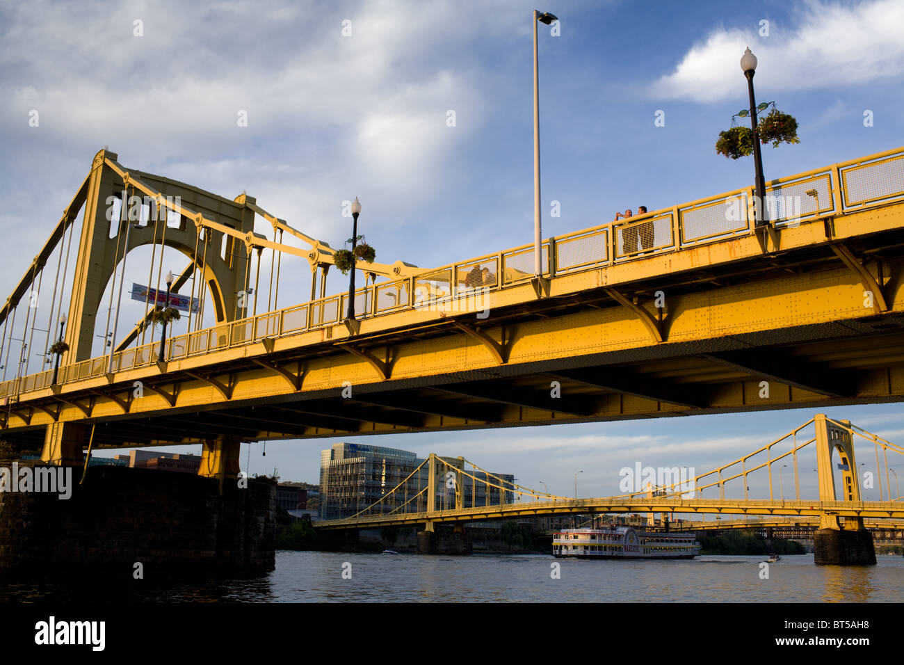 Roberto Clemente Bridge, one of The Three Sisters yellow bridges, closed to cars during baseball games, Pittsburgh, Pennsylvania Stock Photo