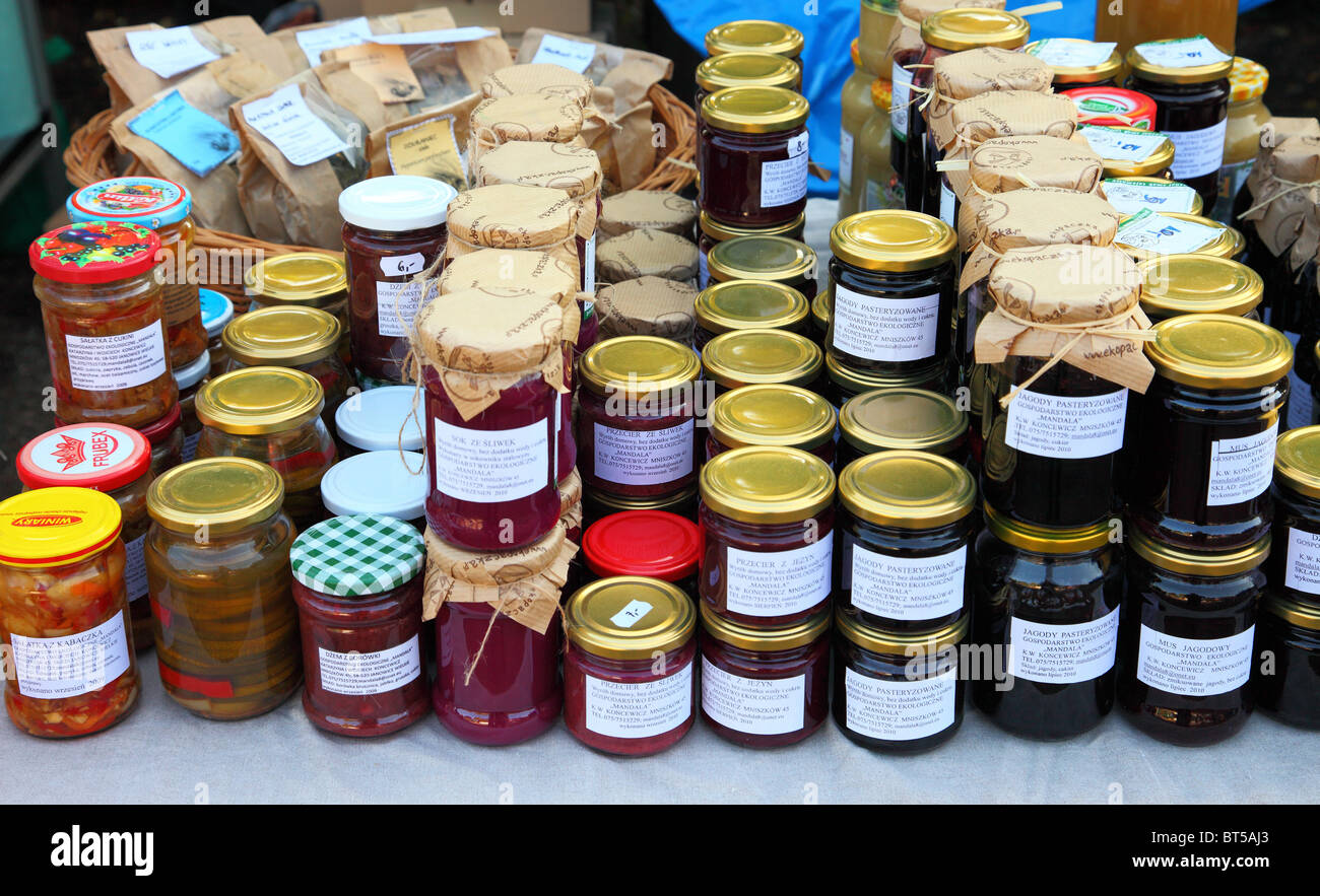 Home made preserves products in jars displayed for sale Stock Photo