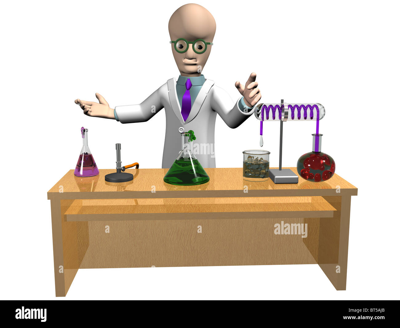 Isolated illustration of a cartoon scientist demonstrating his experiment Stock Photo