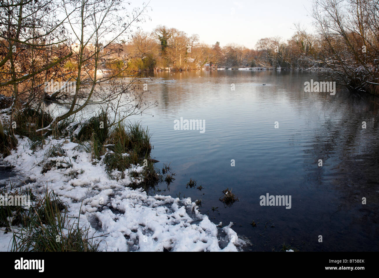 A view of a lake in winter with snow Stock Photo - Alamy