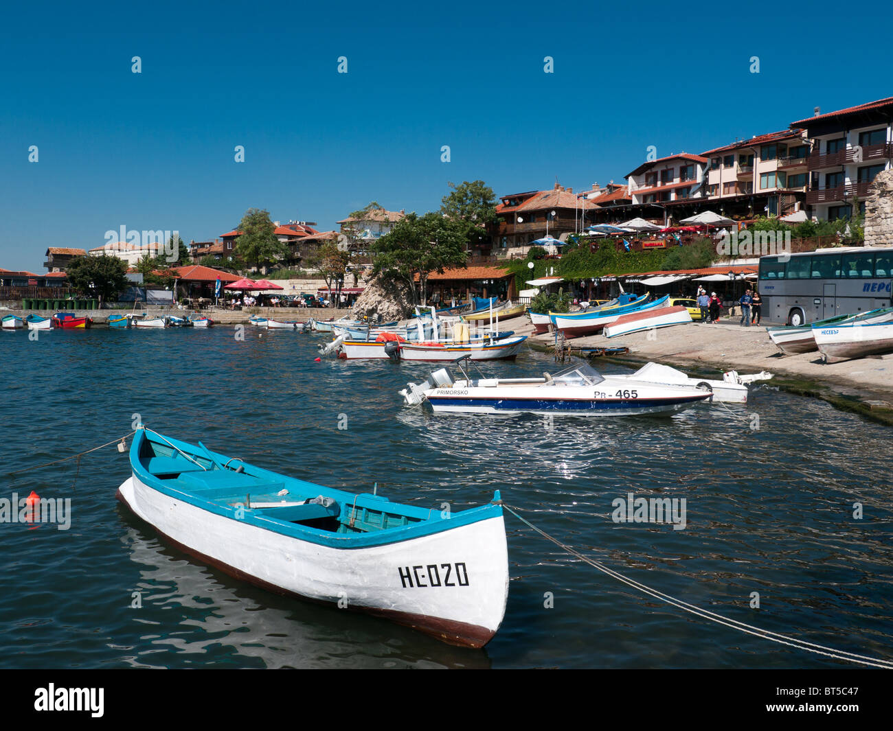 Boats in Nessebar Harbour and Port, Nesebar, Bulgaria Stock Photo