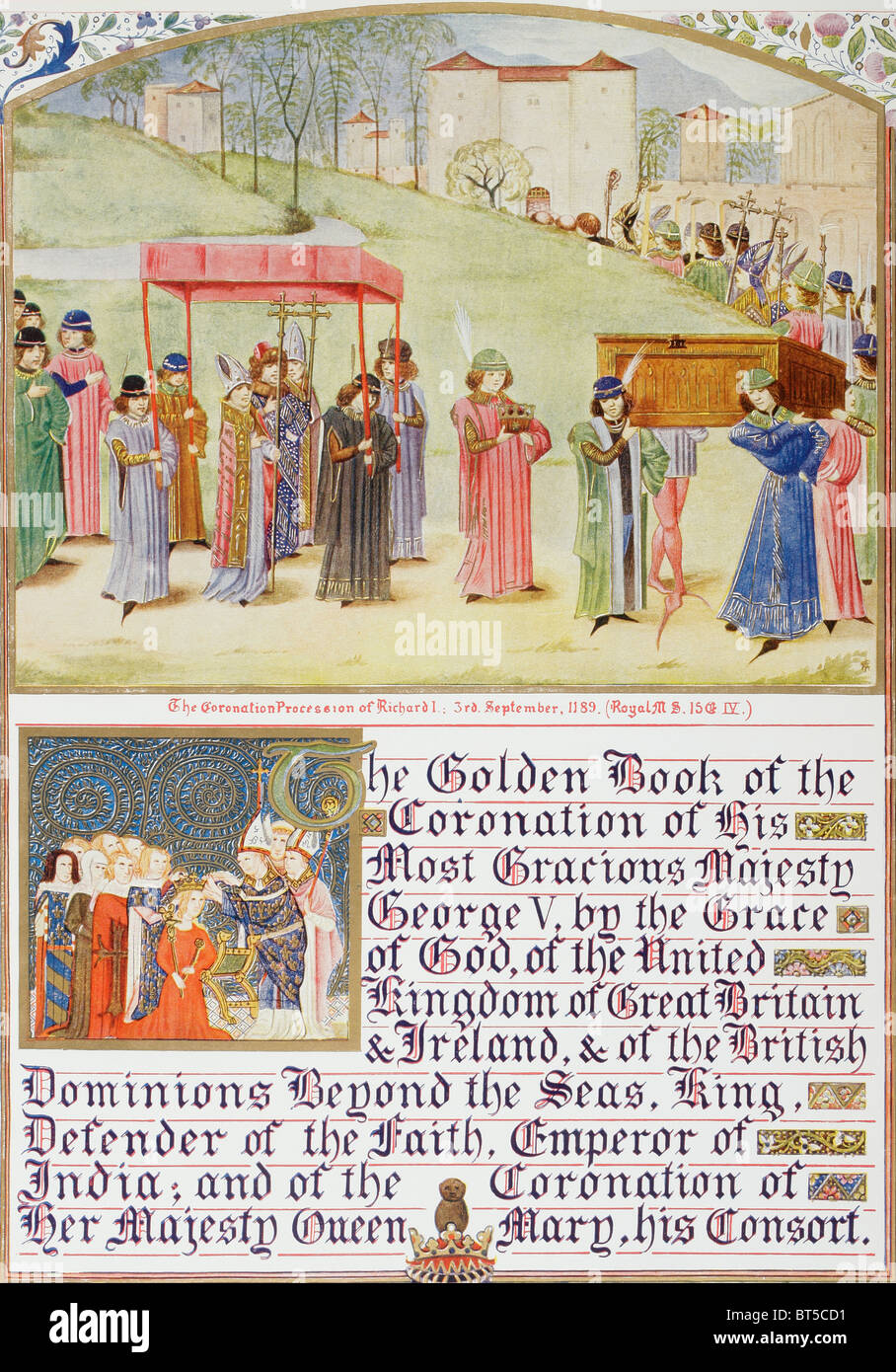 Decorative page from The Golden Book of the Coronation of King George V and his consort Queen Mary, with detail of the Coronatio Stock Photo