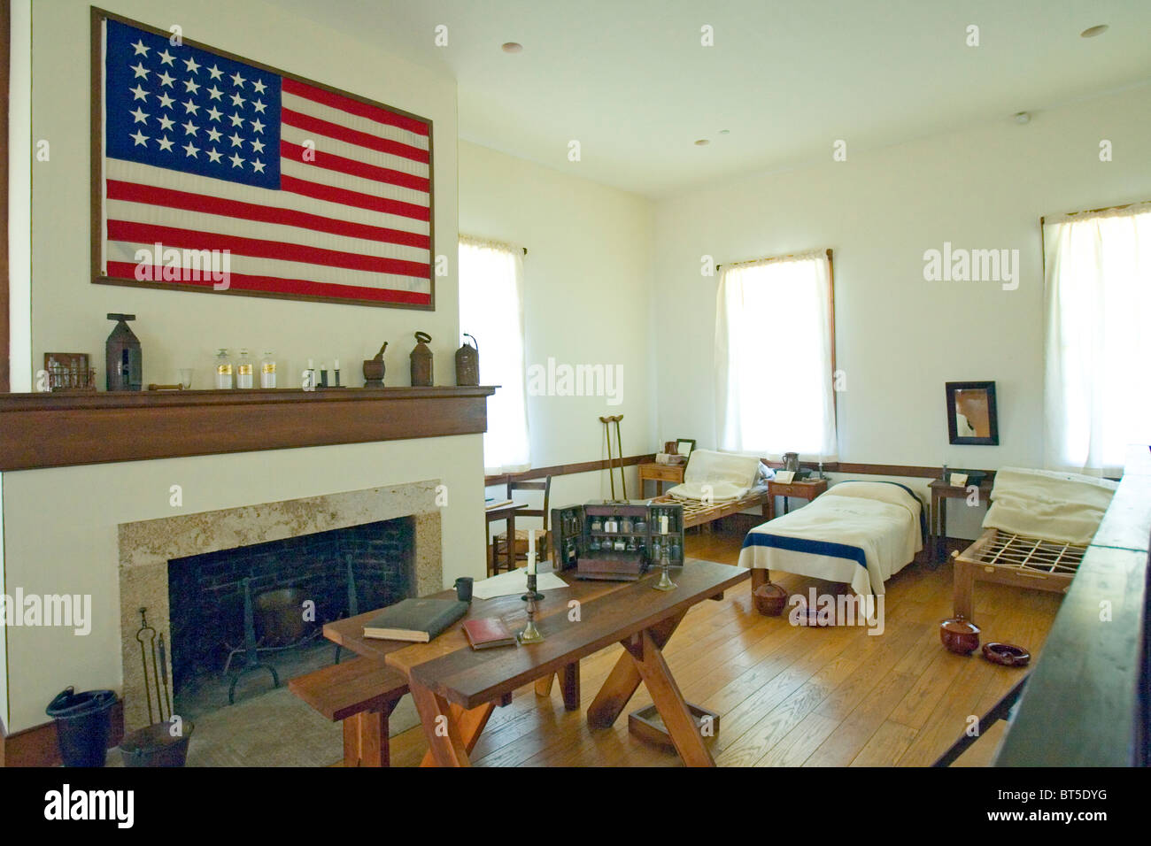 The sparse nature of the 1870's infarmary at Fort Scott, Kansas attests to the basic medical care of the period. Stock Photo