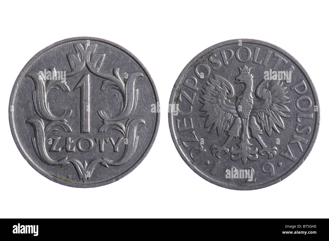 object on white - Polska coins close up Stock Photo