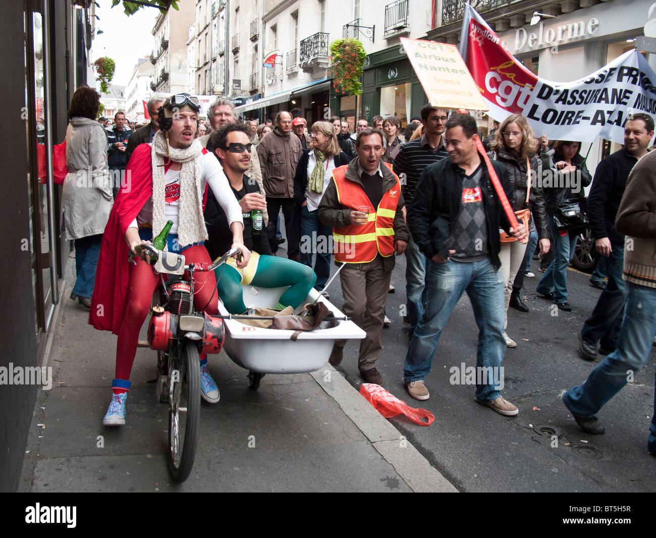 People take part in a demonstration over pension reform in Nantes, France, October 19, 2010 Stock Photo