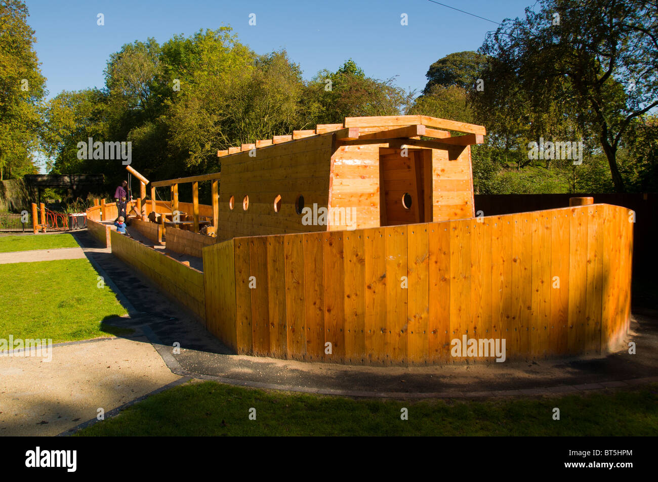 Childrens' sand play area in the shape of a canal narrowboat at Daisy Nook Country Park, Failsworth, Manchester, UK Stock Photo