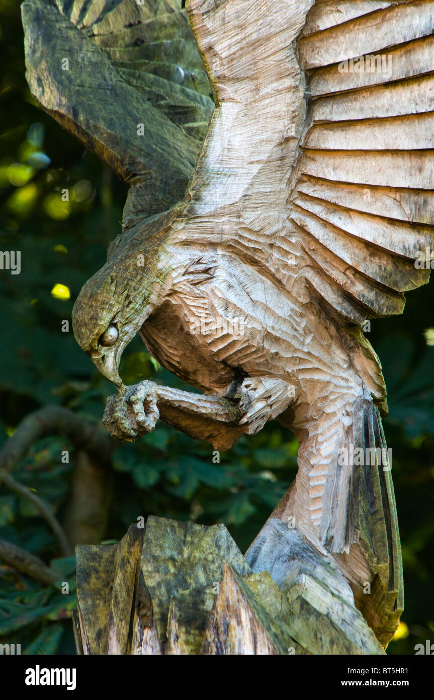 An eagle carved out of a tree trunk at the Park Bridge Heritage Centre, Ashton under Lyne, Tameside, Manchester, UK Stock Photo