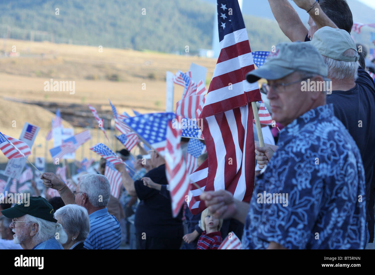 People holding signs and flags, TEA Party rally at Stateline, Idaho