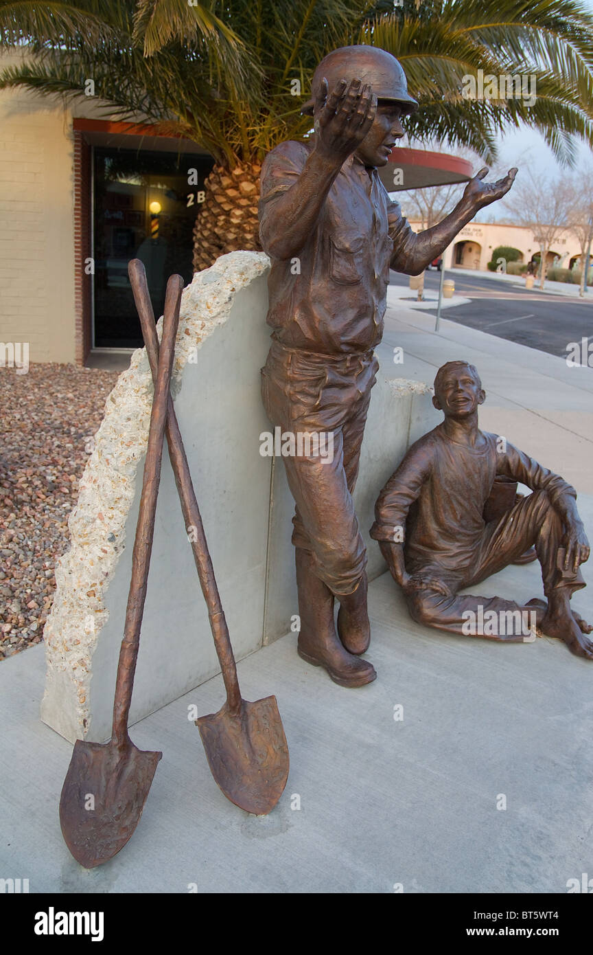 Statues representing Hoover Dam workers, in downtown Boulder City Stock