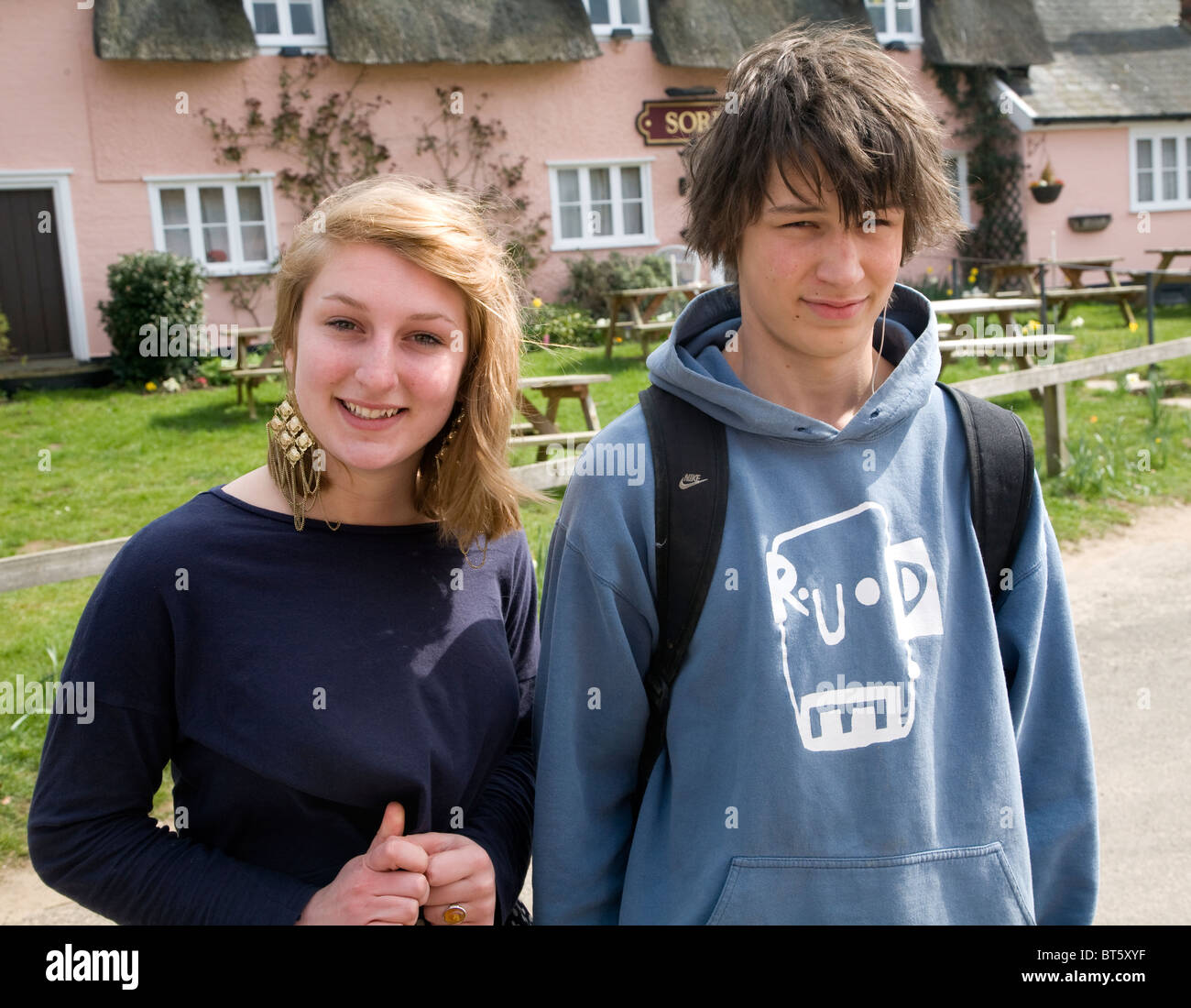 Teenagers brother sister twins stand together Stock Photo