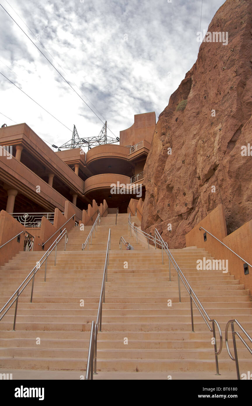 A view up stairs towards the parking garage built into the rocky landscape near the Hoover Dam Stock Photo