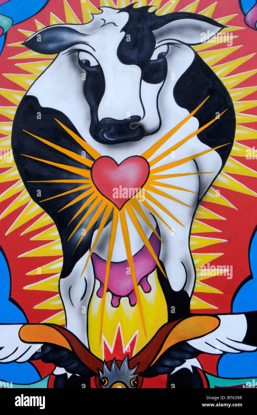 dairy cow poster illustration love heart sun glow black white udder Stock Photo