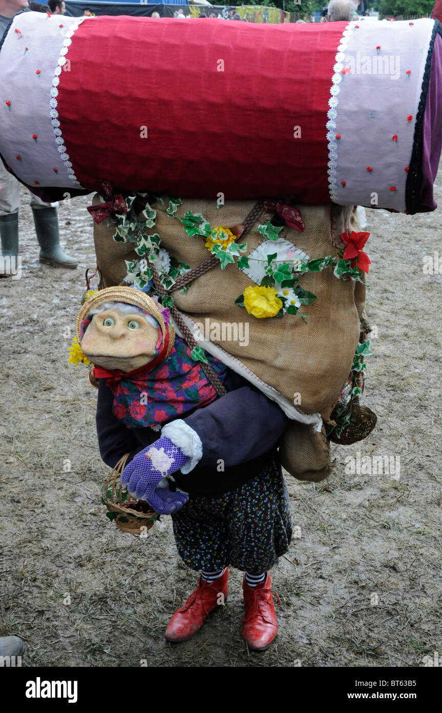 Glastonbury festival performing artist dwarf gnome woman lady female traveler character Stock Photo